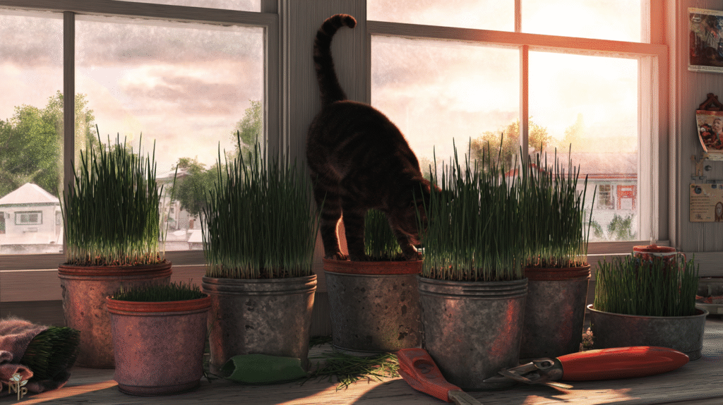Cat interacting with fresh green cat grass in shallow containers indoors, showing different growth stages from sprouts to mature blades
