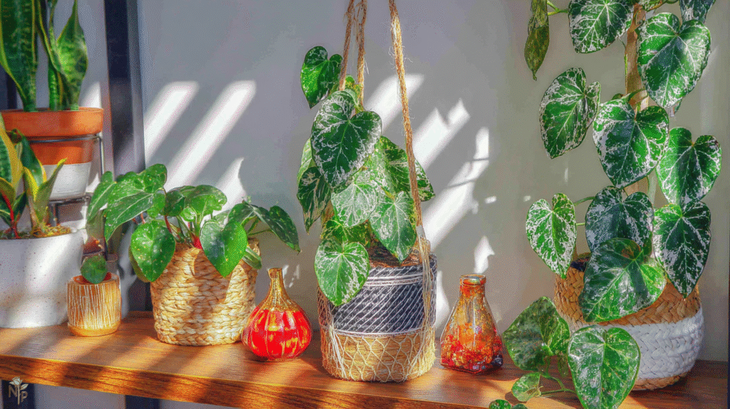 Collection of different indoor ivy species in a cozy home, including English ivy, Algerian ivy, Swedish ivy, grape ivy, and pothos displayed in pots and hanging baskets.

