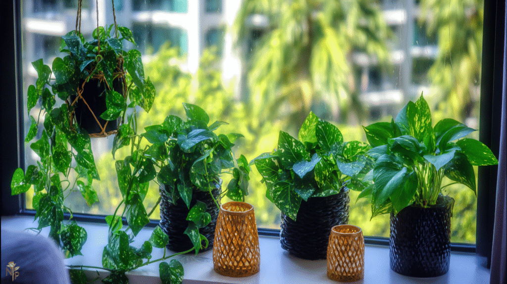 Collection of different indoor ivy species in a cozy home, including English ivy, Algerian ivy, Swedish ivy, grape ivy, and pothos displayed in pots and hanging baskets.
