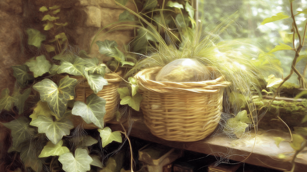 Lush indoor English ivy trailing from hanging baskets and climbing moss pole in bright indirect light.
