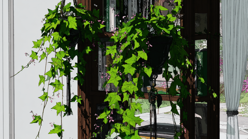 Lush indoor English ivy trailing from hanging baskets and climbing moss pole in bright indirect light.
