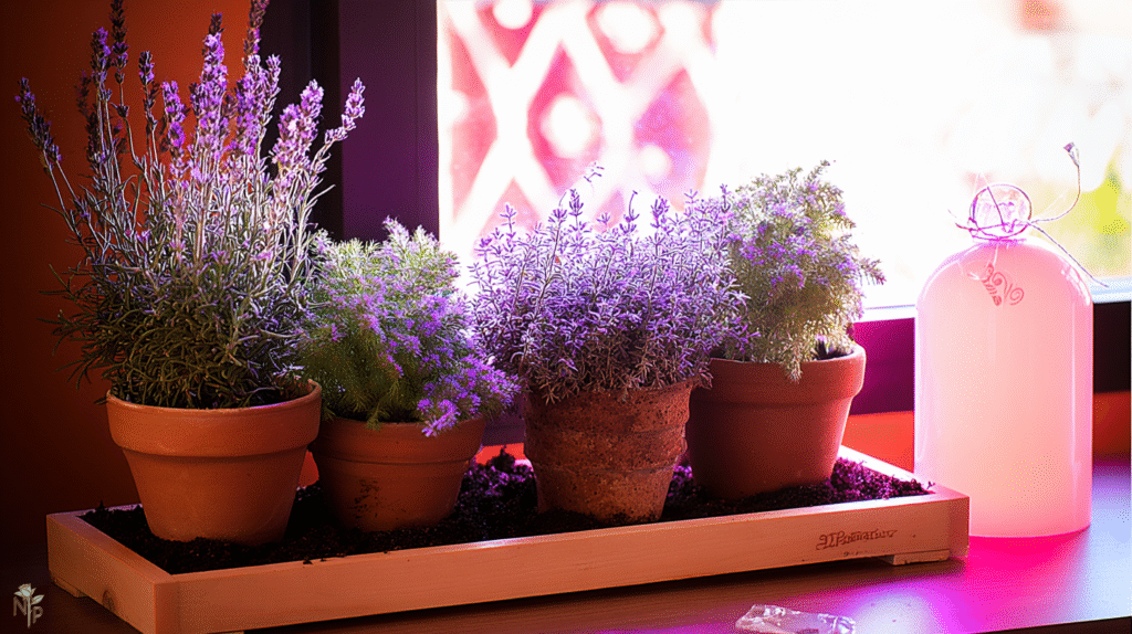Various lavender plants including French, Spanish, and fernleaf lavender thriving indoors on a sunny windowsill.  