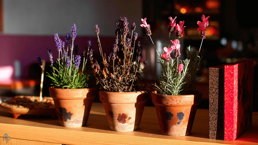 French lavender plant growing indoors under full-spectrum LED grow lights.  