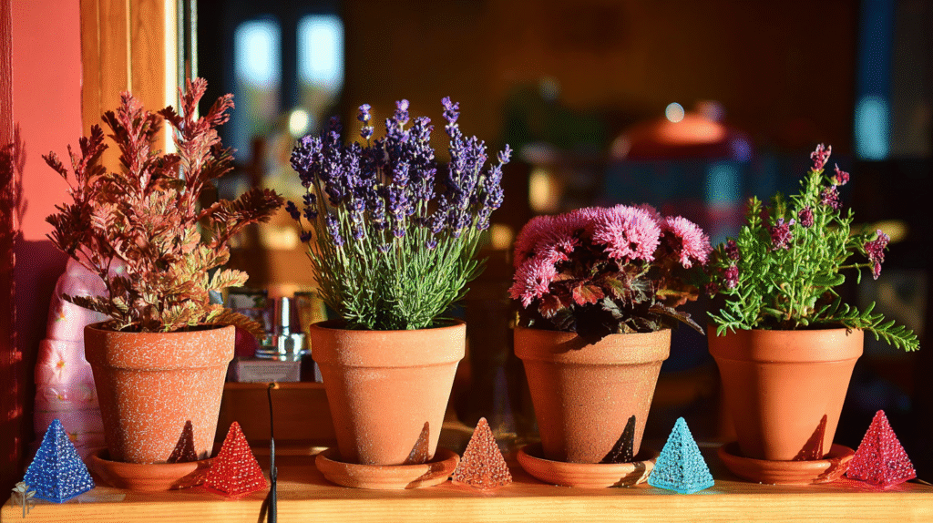 Blooming French lavender plant thriving indoors in a terracotta pot.  