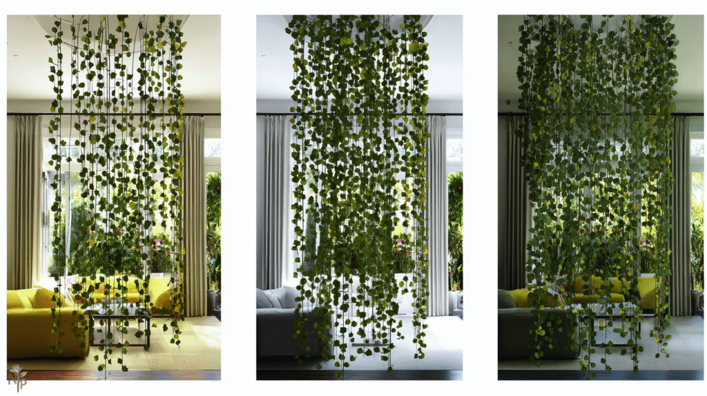 Thick, lush indoor ivy plant cascading from a stylish pot in a bright living room, healthy green leaves, natural sunlight streaming through east-facing window.

