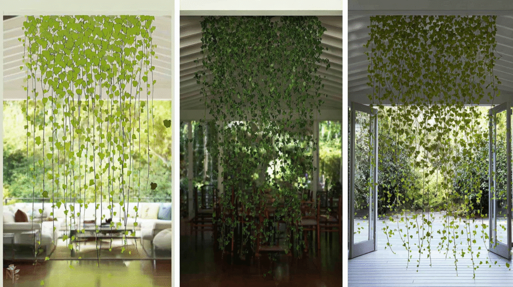 Thick, lush indoor ivy plant cascading from a stylish pot in a bright living room, healthy green leaves, natural sunlight streaming through east-facing window.
