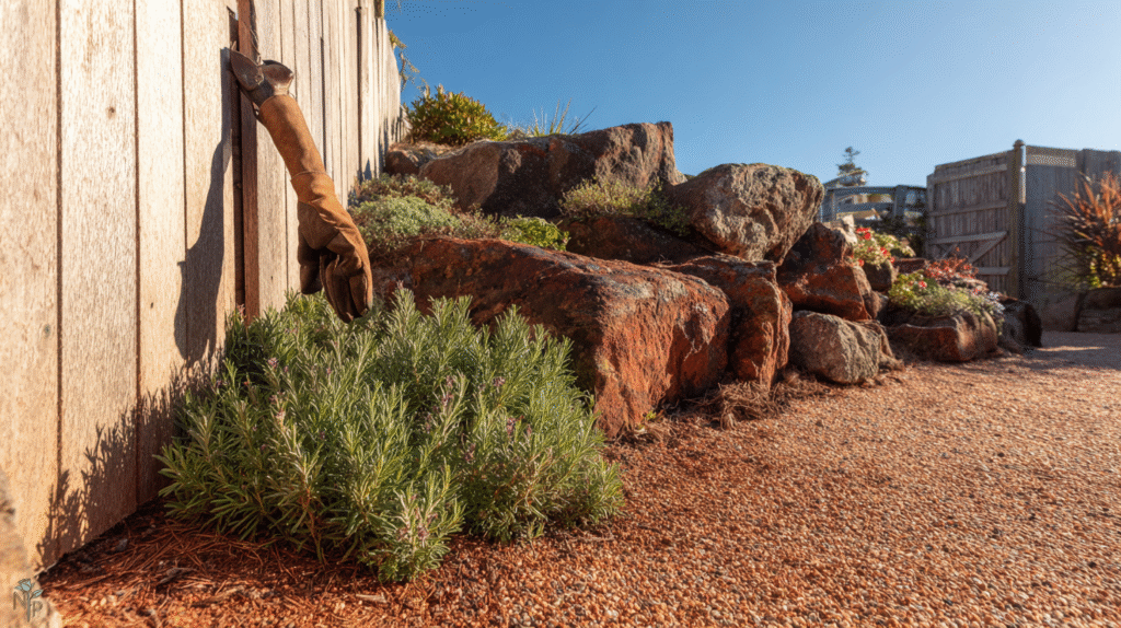 Outdoor herb garden with flourishing rosemary and thyme plants in sunny rocky soil  
