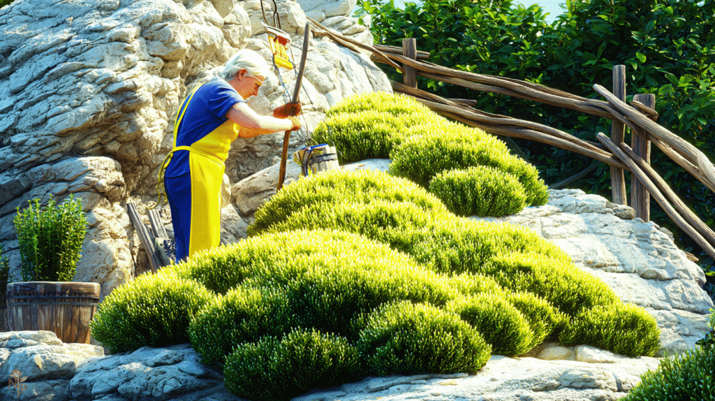 Outdoor herb garden with flourishing rosemary and thyme plants in sunny rocky soil  