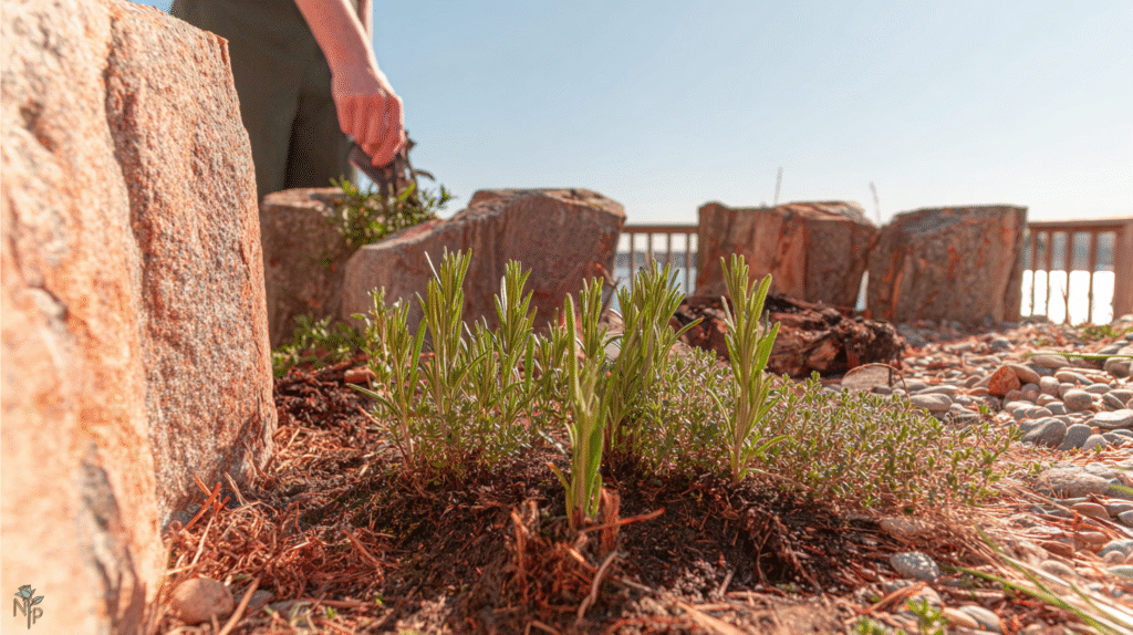 Outdoor herb garden with flourishing rosemary and thyme plants in sunny rocky soil  
