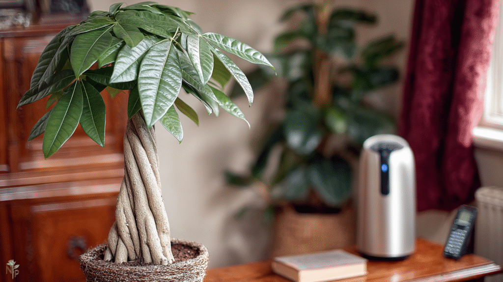 Healthy indoor Pachira (money tree) with braided trunks, glossy leaves, and new growth in a bright living room setting.
