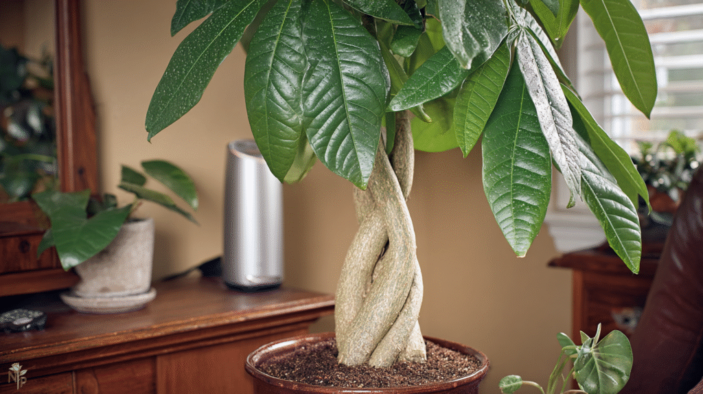 Healthy indoor Pachira (money tree) with braided trunks, glossy leaves, and new growth in a bright living room setting.
