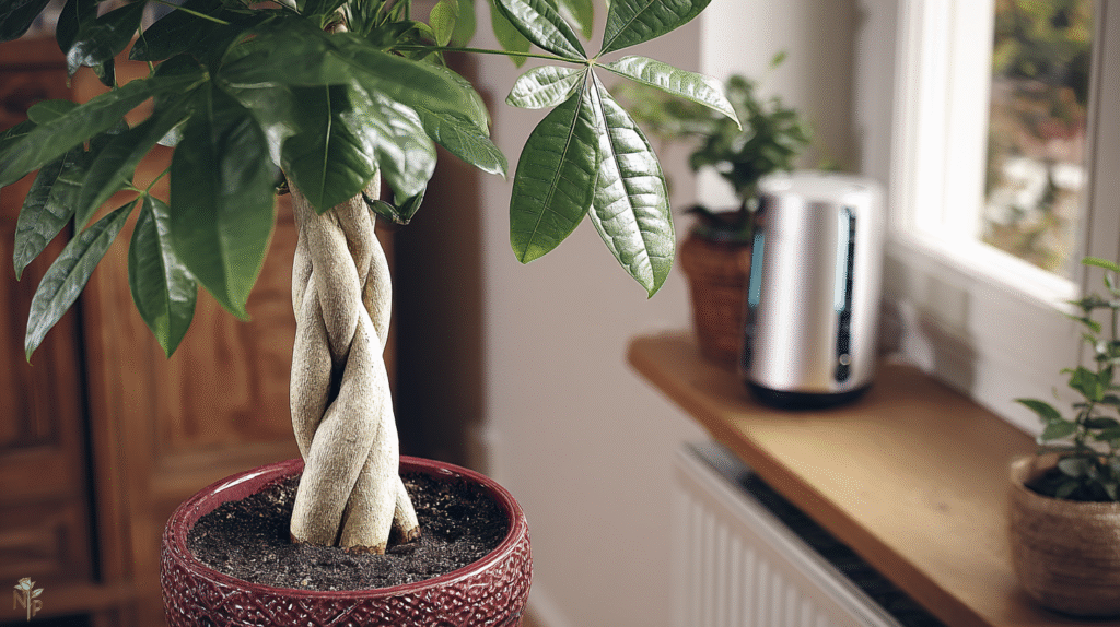 Healthy indoor Pachira (money tree) with braided trunks, glossy leaves, and new growth in a bright living room setting.

