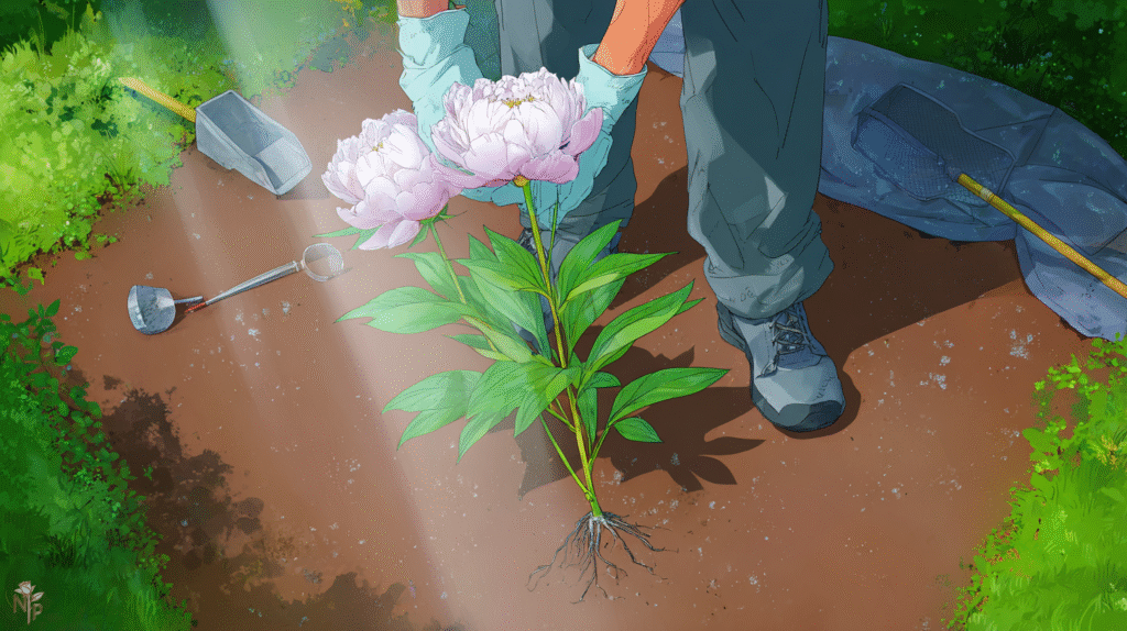 Peony flower bed in a home garden during fall preparation, with gardener trimming foliage and preparing soil for next season’s blooms.
