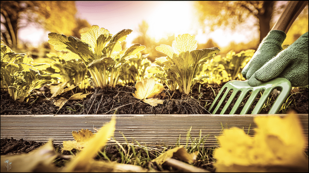 Peony flower bed in a home garden during fall preparation, with gardener trimming foliage and preparing soil for next season’s blooms.
