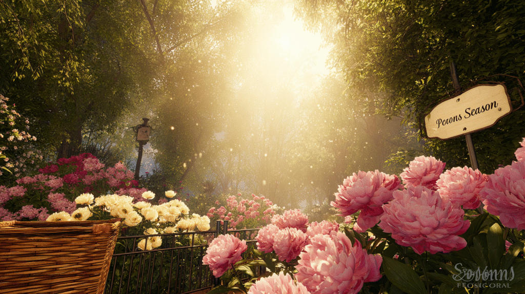 Blooming outdoor peony garden with pink, white, and red flowers during spring
