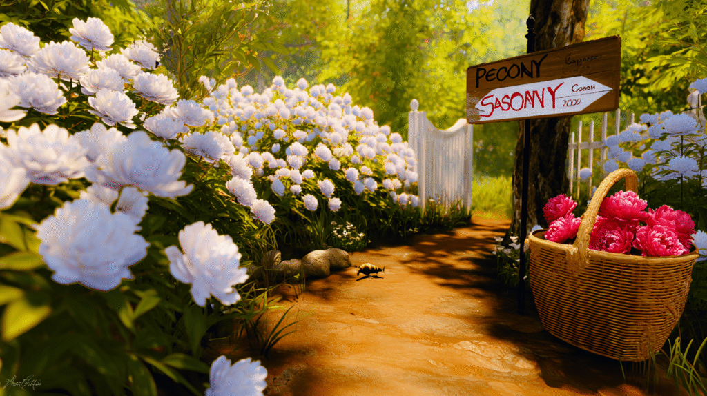 Blooming outdoor peony garden with pink, white, and red flowers during spring
