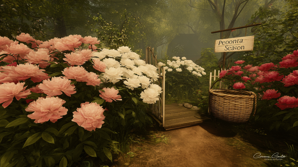 Blooming outdoor peony garden with pink, white, and red flowers during spring
