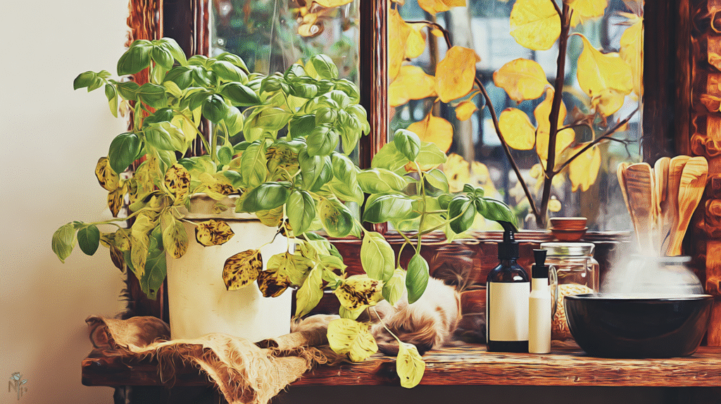 Healthy indoor basil plant with minor leaf issues, surrounded by pet-safe treatments, and a curious cat nearby.
