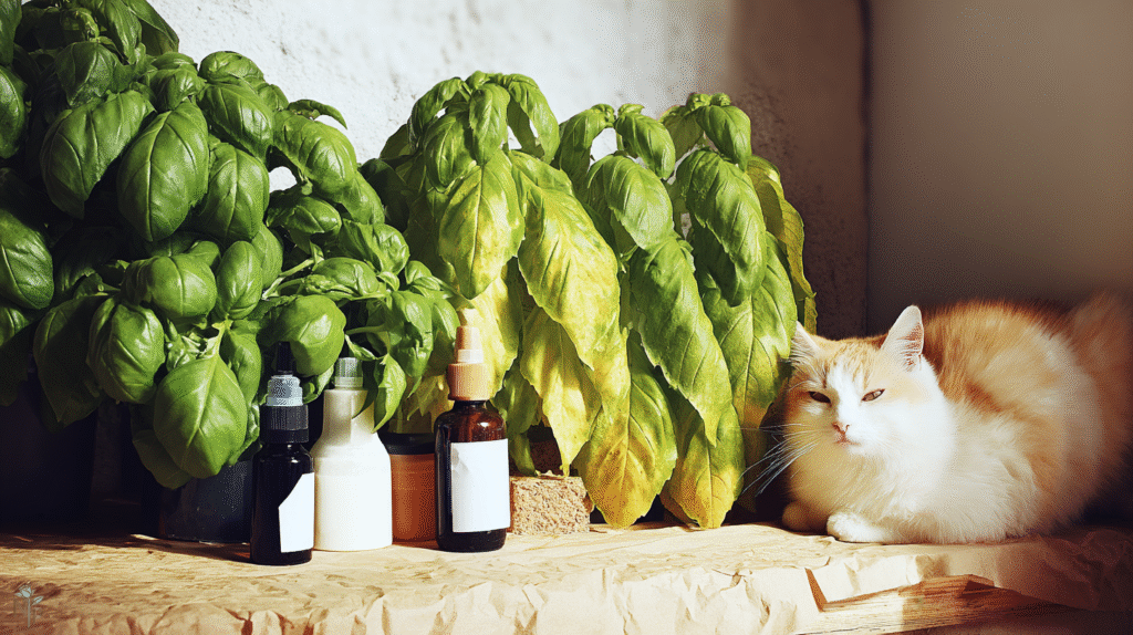 Healthy indoor basil plant with minor leaf issues, surrounded by pet-safe treatments, and a curious cat nearby.
