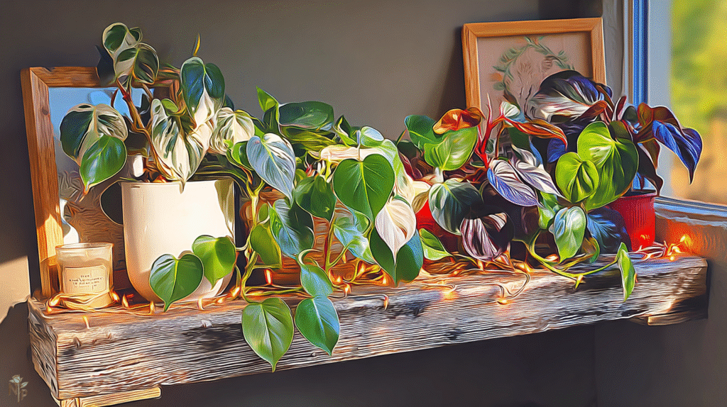 Beginner-friendly philodendrons including Heartleaf, Brazil, and Green Congo on a sunny indoor shelf
