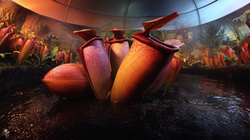 Indoor carnivorous plants including pitcher plants in a humid greenhouse setup with glowing colorful pitchers and sunlight streaming through windows
