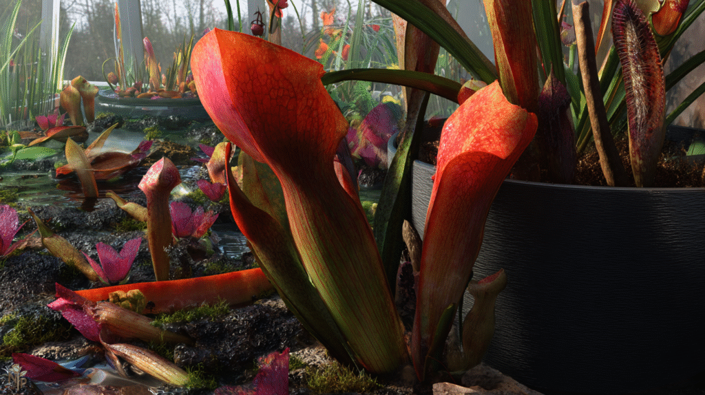 Indoor carnivorous plants including pitcher plants in a humid greenhouse setup with glowing colorful pitchers and sunlight streaming through windows
