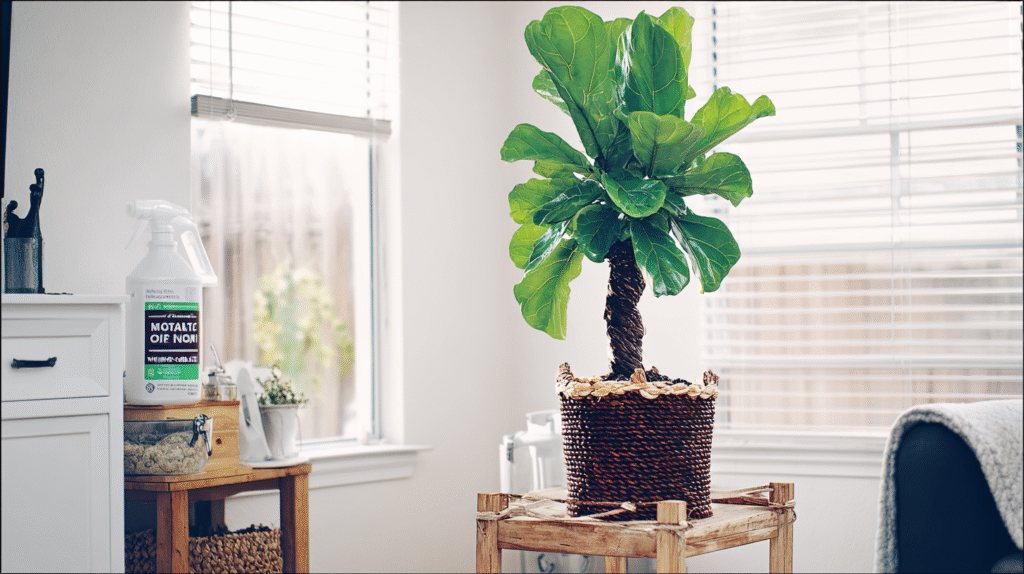 A tall, healthy fiddle leaf fig with large glossy green leaves in a bright indoor space, bathed in natural sunlight, with a watering can and fertilizer bottle nearby.