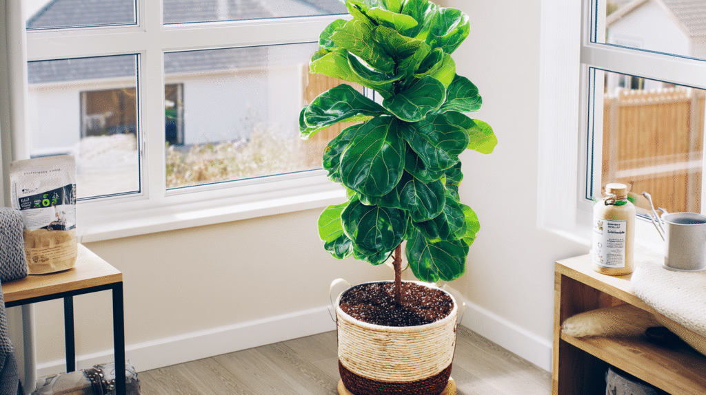 A tall, healthy fiddle leaf fig with large glossy green leaves in a bright indoor space, bathed in natural sunlight, with a watering can and fertilizer bottle nearby.