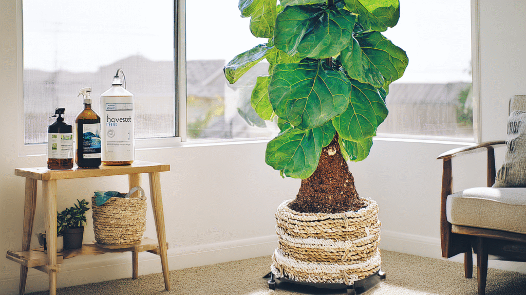 A tall, healthy fiddle leaf fig with large glossy green leaves in a bright indoor space, bathed in natural sunlight, with a watering can and fertilizer bottle nearby.