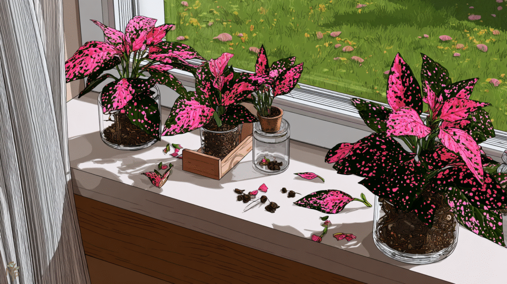 Colorful polka dot plant with pink spotted leaves indoors
