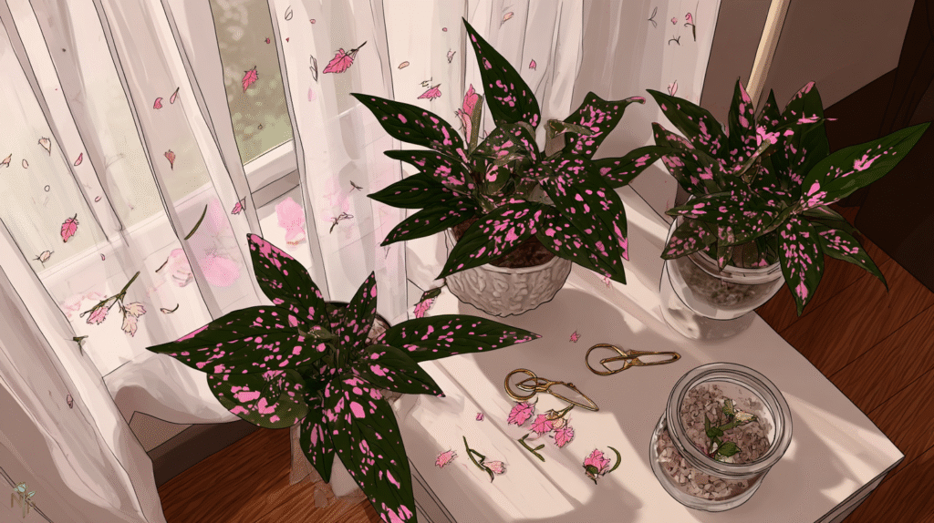 Colorful polka dot plant with pink spotted leaves indoors