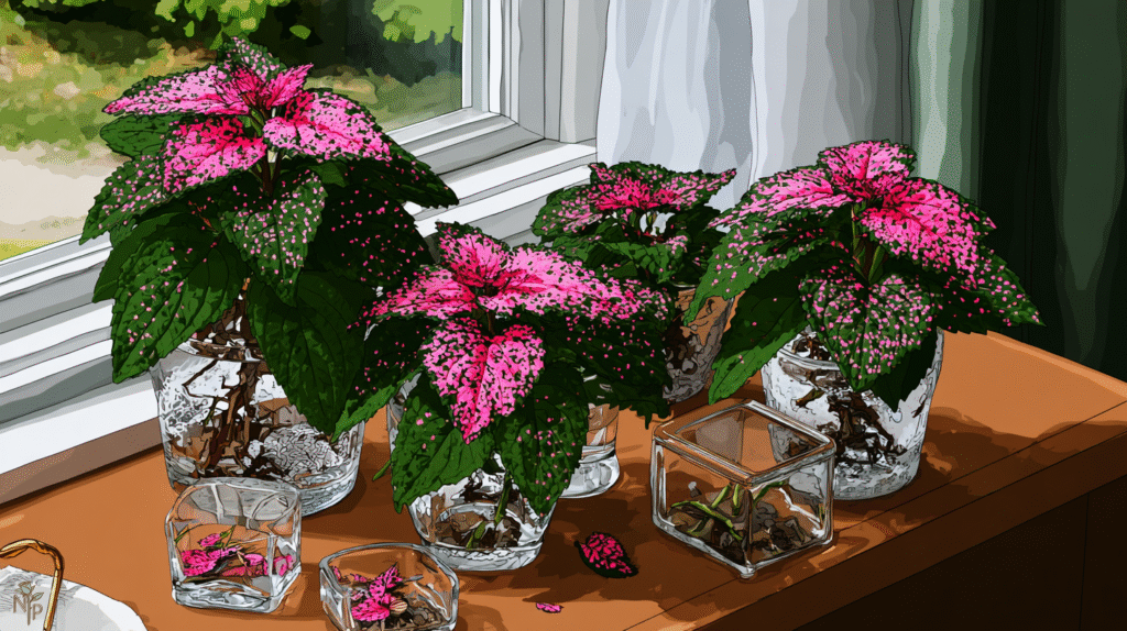 Colorful polka dot plant with pink spotted leaves indoors