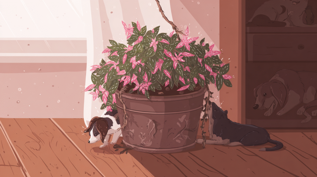 Theatrical Polka Dot Plant and Its Curious Pet Audience
