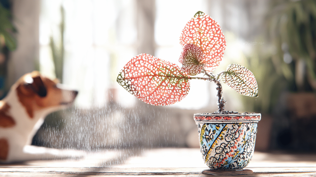 Theatrical Polka Dot Plant and Its Curious Pet Audience
