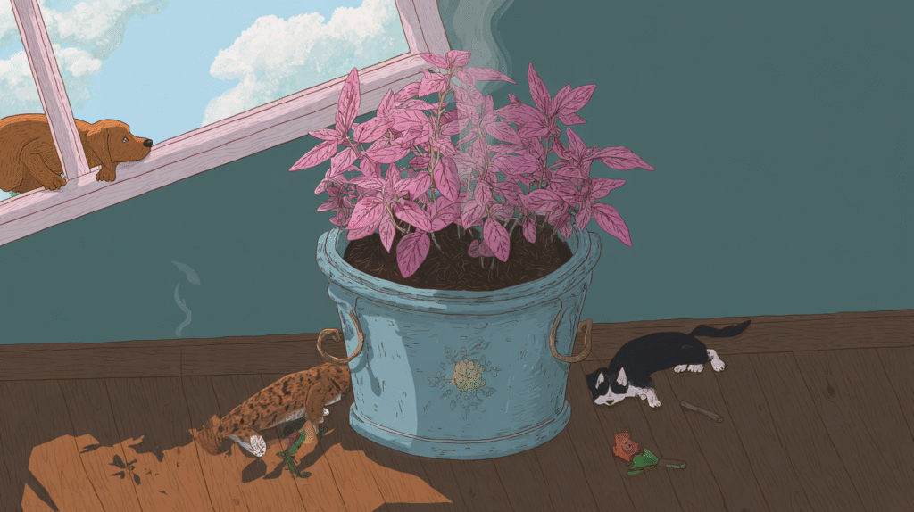 Dramatic polka dot plant drooping in a cozy room while a cat and dog watch curiously
