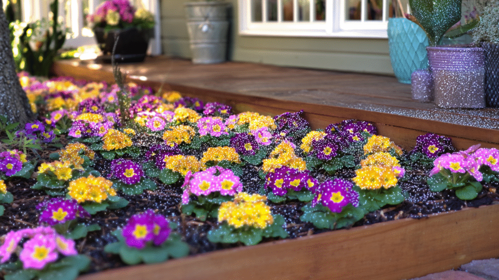 Colorful primrose flowers blooming in a vibrant outdoor garden with animals
