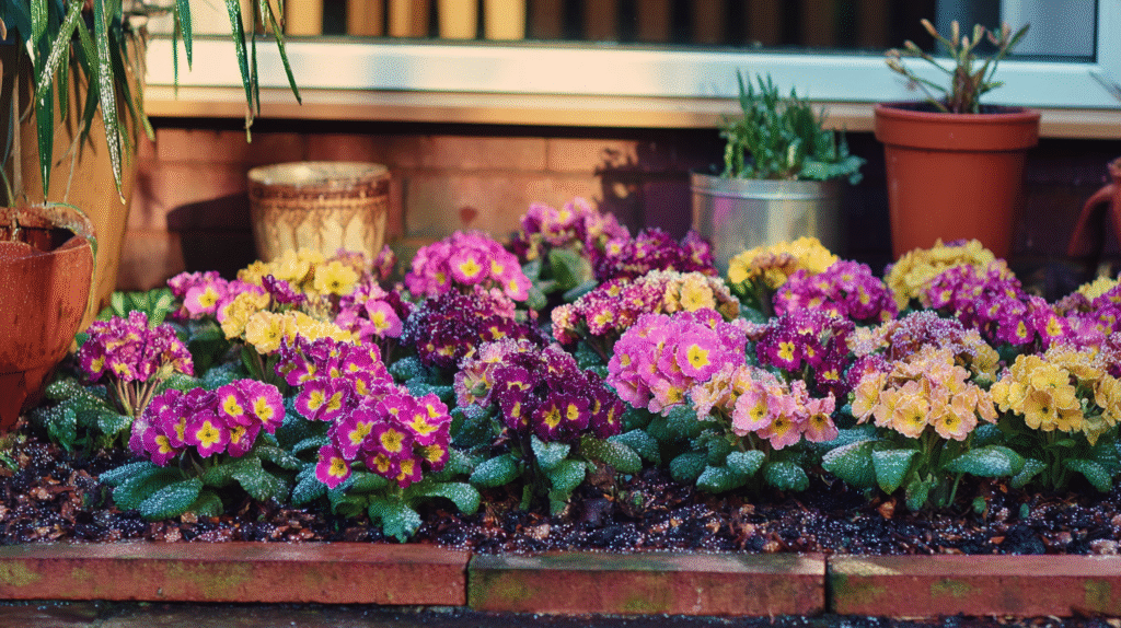 Colorful primrose flowers blooming in a vibrant outdoor garden with animals
