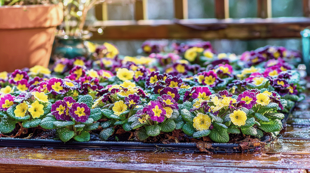 Colorful primrose flowers blooming in a vibrant outdoor garden with animals
