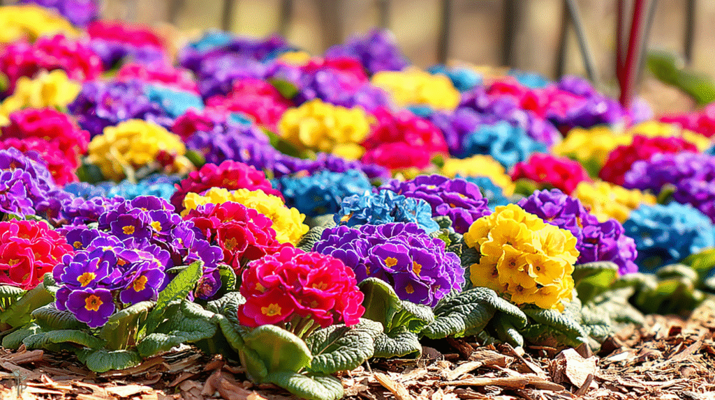 Healthy primroses in an outdoor garden with rich, moist soil, partial shade, and leaf mulch.
