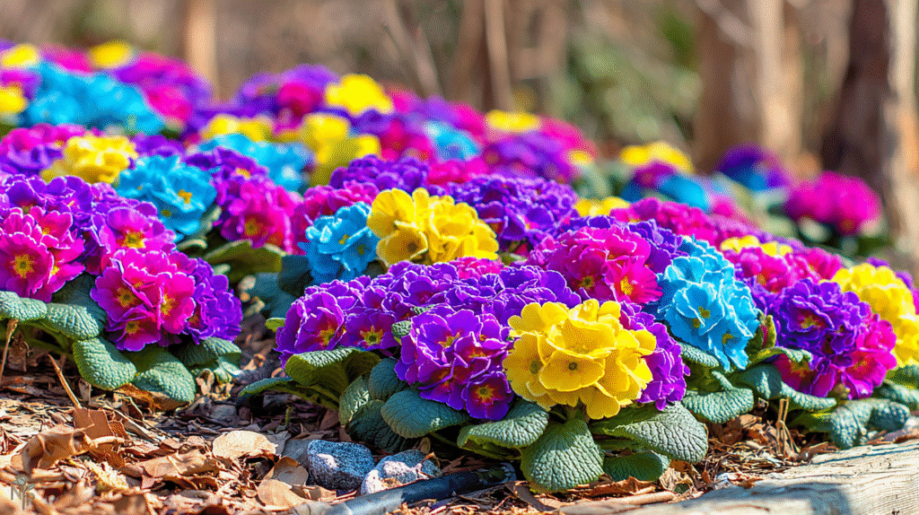 Healthy primroses in an outdoor garden with rich, moist soil, partial shade, and leaf mulch.
