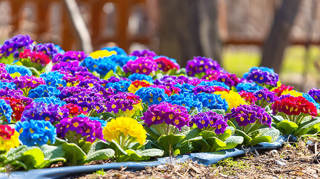 Healthy primroses in an outdoor garden with rich, moist soil, partial shade, and leaf mulch.
