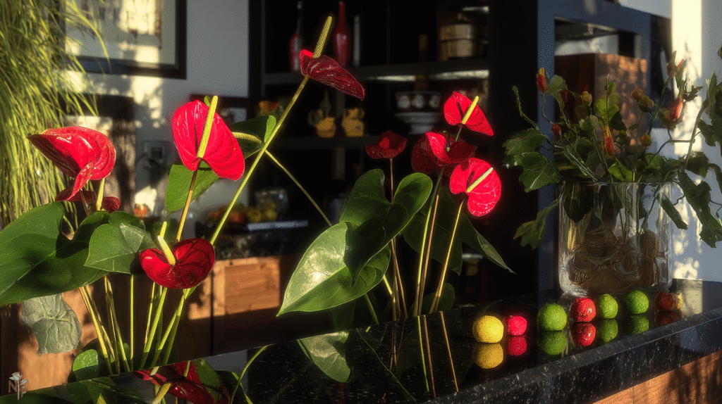 Red heart-shaped anthurium in bright indoor setting
