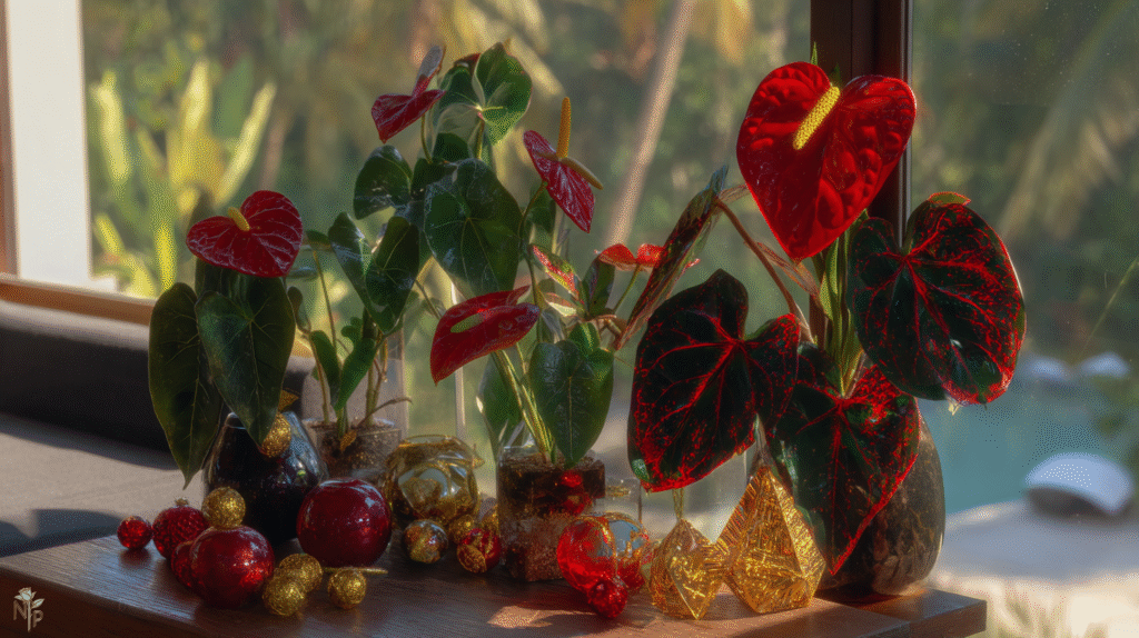 Red heart-shaped anthurium in bright indoor setting
