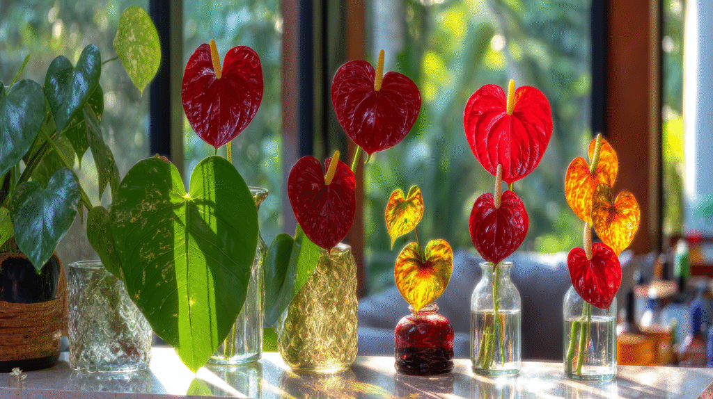 Red heart-shaped anthurium in bright indoor setting
