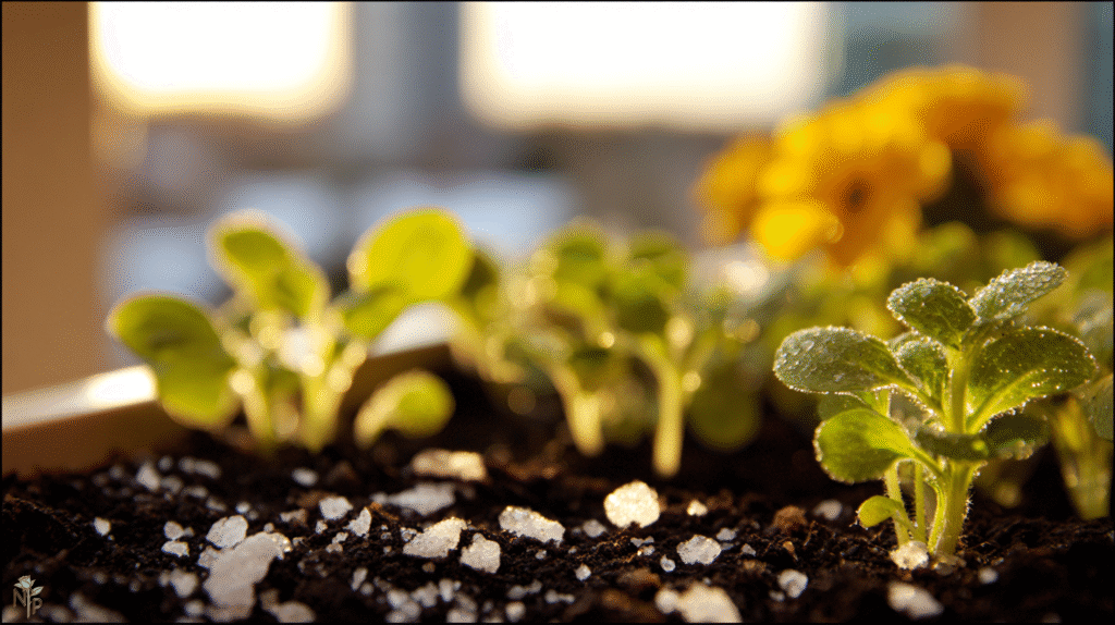 
Close-up of Rudbeckia (Black-eyed Susan) seeds scattered lightly on a fluffy seed-starting mix of peat moss, vermiculite, and perlite.
