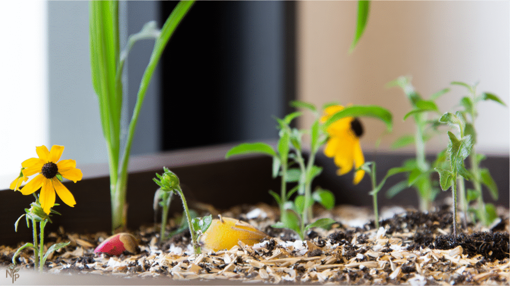 
Close-up of Rudbeckia (Black-eyed Susan) seeds scattered lightly on a fluffy seed-starting mix of peat moss, vermiculite, and perlite.
