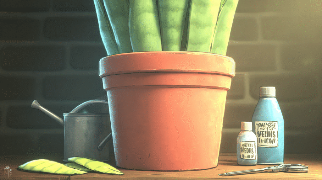 Close-up of a snake plant with yellowing leaves and signs of root rot in a terracotta pot, showing the effects of overwatering.