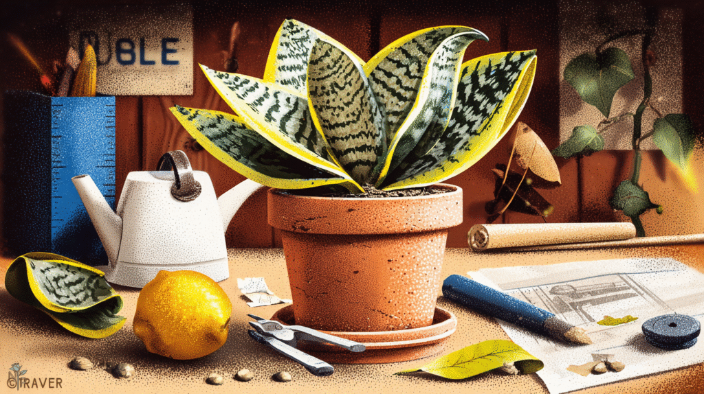 Close-up of a snake plant with yellowing leaves and signs of root rot in a terracotta pot, showing the effects of overwatering.
