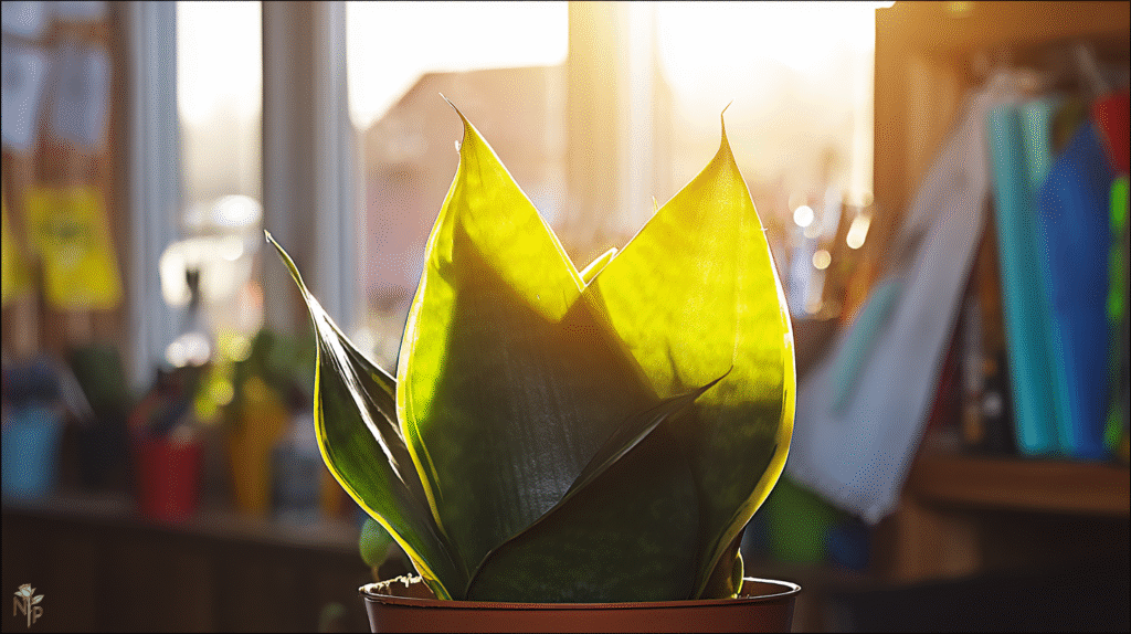  Healthy snake plant in a terracotta pot with dry soil, ideal for proper watering.
