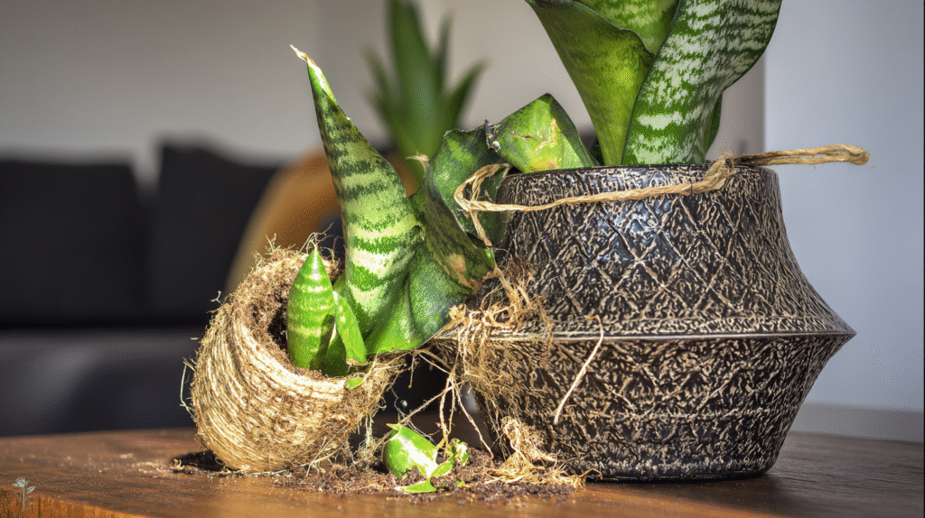 Snake plant in a decorative pot recovering with new shoots after pruning and repotting, bright green leaves.
